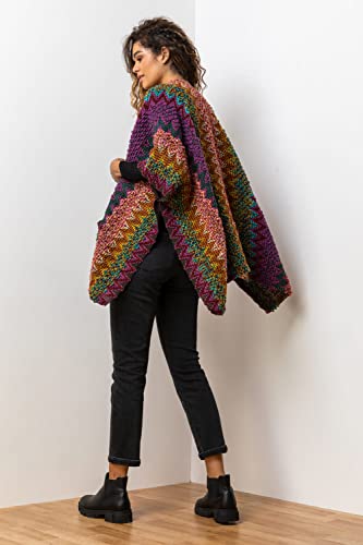 Roman Originals Winter Cape with Pockets for Women UK Ladies Aztec Print Shawl Cardigan Cardi Textured Longline Cover Up Knitted Throw Autumn Pull-On Boho Bohemian Casual - Multi - Size ONE
