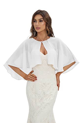 Keivvsh Capelets for women Chiffon Cape Shawls and Wraps for Evening Dress Wedding Capes Cover Up - White