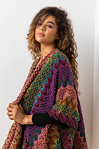 Roman Originals Winter Cape with Pockets for Women UK Ladies Aztec Print Shawl Cardigan Cardi Textured Longline Cover Up Knitted Throw Autumn Pull-On Boho Bohemian Casual - Multi - Size ONE