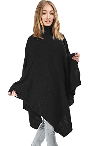 Fashion Star Womens Cape Shawls Grid Knitted Wrap Polo Cowl Turtle Neck Poncho Jumper Poncho Black Plus Size (UK 20/22)