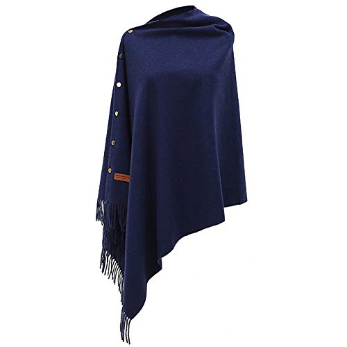 Winter Warm Scarf - Women Poncho Shawl Wrap Winter Long Scarves Soft Warm Button Knitted Shawl Blanket Cape Wool Spinning Tassel Polyester Cardigan (Navy)
