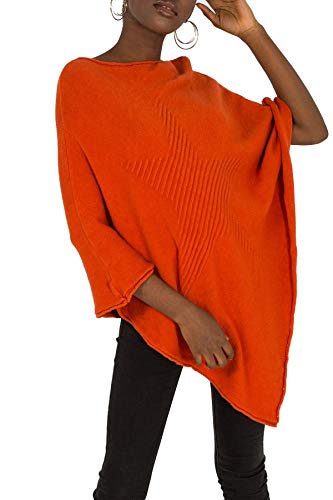 Zaif & Hari Ladies Italian Knitted Lagenlook Star Poncho Womens Ribbed Star Asymmetric Hem Cape Shawl One Size (Orange)