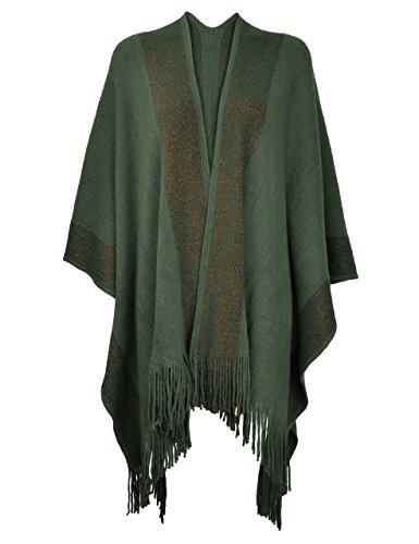 ZLYC Women's Lightweight Shawl Golden Trim Textured Knit Blanket Wrap Fringe Poncho with Contrast Trims (Army Green),One Size
