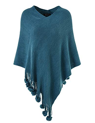 Ferand Women's Cozy Warm Poncho Sweater Elegant Shawl Wrap with Cute Pompoms , One size , Cyan