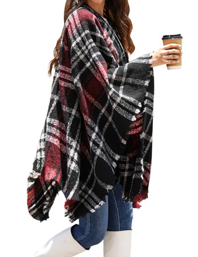 Xnova Scarfs for Women Winter Ladies Scarves Oversized Plaid Warm Tassel Shawl Wraps Girls Large Poncho Cape Shawl (Red+Black,One size)