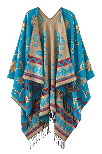 Urbancoco Women's Winter Poncho Stole Boho Cape Scarf Shawl Wrap - Blue - One size