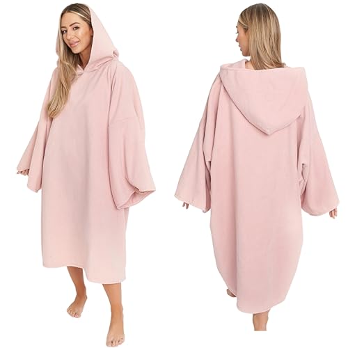 Brentfords Towel Poncho Adult Hooded Large Bath Swimming Surf Beach Absorbent Microfiber Changing Robe for Women Girls Quick Dry, Blush Pink