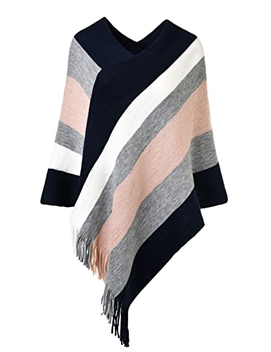 Ferand Women's Casual Striped Poncho Sweater Versatile Fringe Shawl Wrap for Fall Winter, One Size, Navy Blue & Pink