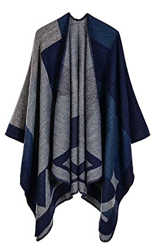 CheChury Women Printed Poncho Cape Reversible Scarf Oversized Shawl Wrap Open Front Cardigans Tartan Blanket Long Geometric for Women,Blue