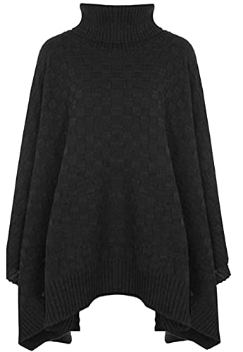 JM CLOTHING Q80 New Plus Size Grid Knitted Wraps Polo Cowl Roll Turtle Neck top Poncho Jumper Cape Shawls for Women Size 10-36 gal Moda Black