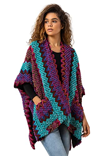 Roman Originals Winter Cape with Pockets for Women UK Ladies Aztec Print Shawl Cardigan Cardi Textured Longline Cover Up Knitted Throw Autumn Pull-On Boho Bohemian Casual - Magenta - Size ONE