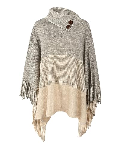JFAN Ponchos for Women Warm Women's Elegant Knitted Poncho for Winter with Fringe Roll Neck Poncho Capes Cardigan with Buttons,Beige,One Size
