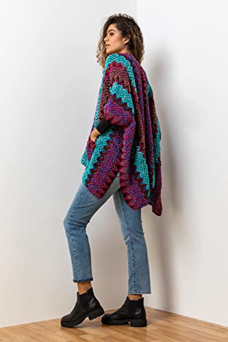 Roman Originals Winter Cape with Pockets for Women UK Ladies Aztec Print Shawl Cardigan Cardi Textured Longline Cover Up Knitted Throw Autumn Pull-On Boho Bohemian Casual - Magenta - Size ONE