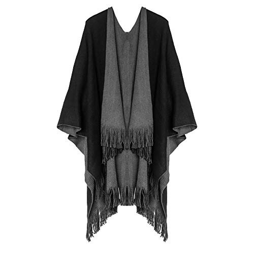 Mayplous Women Two-sided Wrap Women Knitted Shawl Women Oversize Cape Blanket with Tassel Winter Warm (Black+Grey)