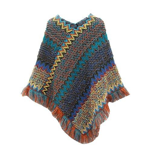 BISKAMY Women's Retro Ethnic Style Knitted Poncho Autumn-Winter Pullover Cape Knit Shawl Wrap