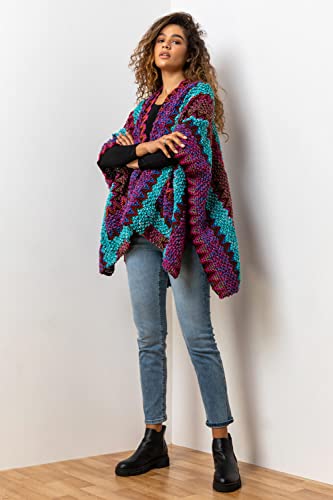 Roman Originals Winter Cape with Pockets for Women UK Ladies Aztec Print Shawl Cardigan Cardi Textured Longline Cover Up Knitted Throw Autumn Pull-On Boho Bohemian Casual - Magenta - Size ONE