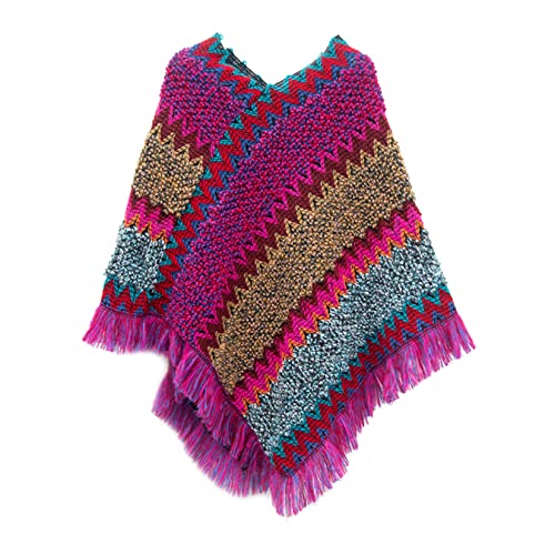 Knitted Shawls and Wraps for Ladies Retro Ethnic Style Cable Knit Dress Christmas Ponchos Rose Red