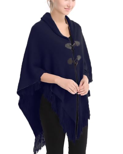 Closhion Women's Poncho Cape Open Front Knitted Shawl Fringed Wrap with horn buckles Navy Blue