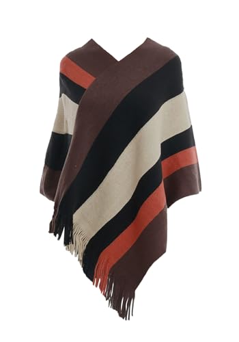 Rayson Women Knitted Warm Striped Ponchos for Winter Plus Size Fluffy Sleeves Scarf Capes with Tassels Pullover Knitwear for Ladies (Orange)
