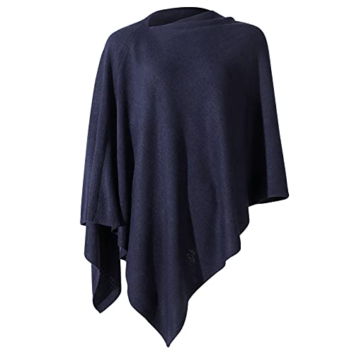 Fomolom Women Poncho Lightweight Solid Sweater Shawl Cape Knitted Pullover Elegant Womens Tops OneSize Navyblue