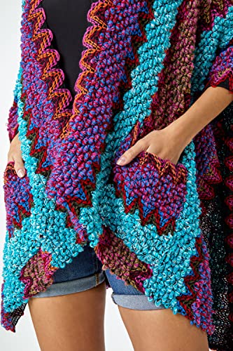 Roman Originals Winter Cape with Pockets for Women UK Ladies Aztec Print Shawl Cardigan Cardi Textured Longline Cover Up Knitted Throw Autumn Pull-On Boho Bohemian Casual - Magenta - Size ONE