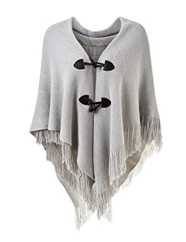Ferand Women's Open Front Poncho Loose Fitting Fringed Cape Shawl for Autumn Winter 2023 - One Size - Grey
