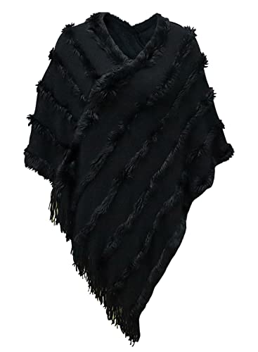 JFAN Poncho Fuzzy V-Neck Shawl Knitted Lightweight Capes for Women Black