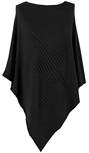 Ladies Italian Knitted Lagenlook Star Poncho Womens Ribbed Star Asymmetric Hem (Black, one Size fit to (10-20))