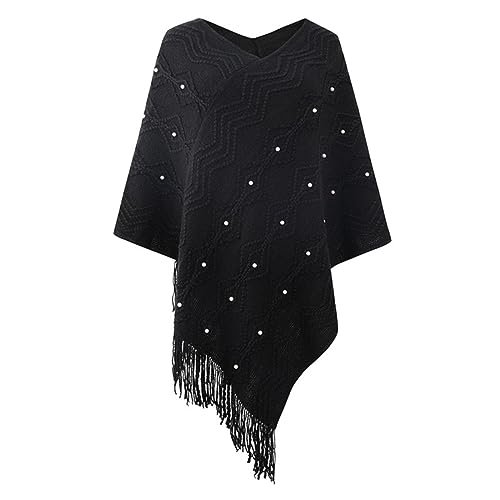 Rayson Womens Crochet Poncho with Fringe Pullover Poncho Coat Beads Elegant Cozy Wrap Poncho Sweater Striped Wrap Poncho Cape,Black