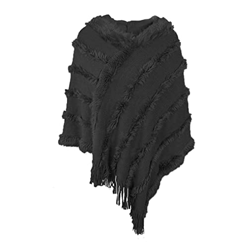 Rayson Womens Crochet Poncho with Fringe Soft Knitted Fluff Capes Solid Knitting Shawl Wrap Poncho Fringe Sweater Coats,Black