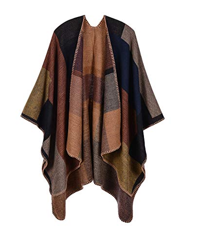 ZTOFERA Women's Autumn/Winter Vintage Ponchos Warm Open Front Shawl Oversized Wrap Versatile Cape Cardigan Reversible Scarf - Khaki
