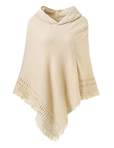 Ferand Ladies Hooded Poncho with Fringed Hem Crochet Cape for Autumn Winter 2023, One Size, Beige