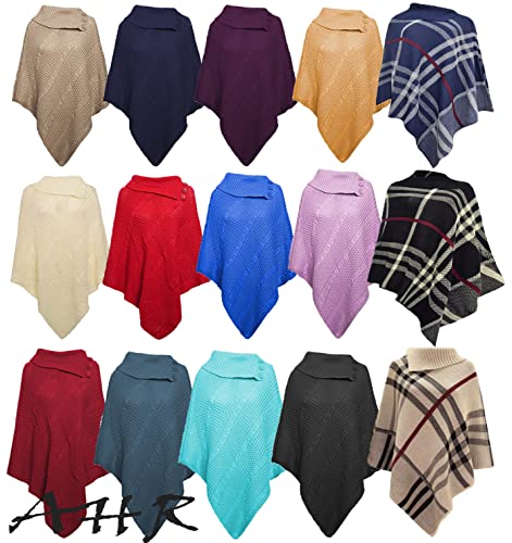 Zaif & Hari Woman Coller 3 Buttons Cape Shawl Wrap Long Knitted Sweater Jumper Ladies Poncho One Size 8-26 (One Size UK(8-26), Navy)