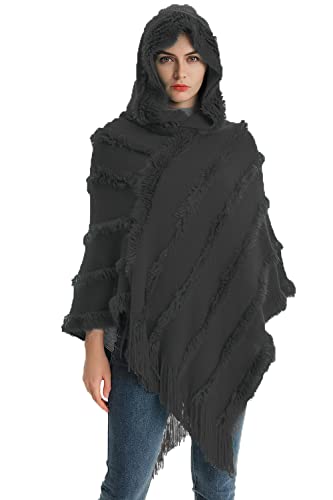 Rayson Womens Crochet Poncho with Fringe Soft Knitted Fluff Capes Solid Knitting Shawl Wrap Poncho Fringe Sweater Coats,Black