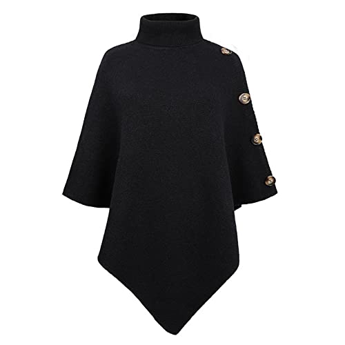 JFAN Ladies Poncho High Collar Shawls with Buttons Elegant Knitted Cape for Women Black