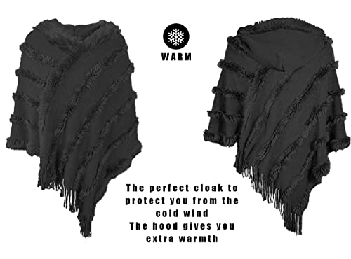 Rayson Womens Crochet Poncho with Fringe Soft Knitted Fluff Capes Solid Knitting Shawl Wrap Poncho Fringe Sweater Coats,Black