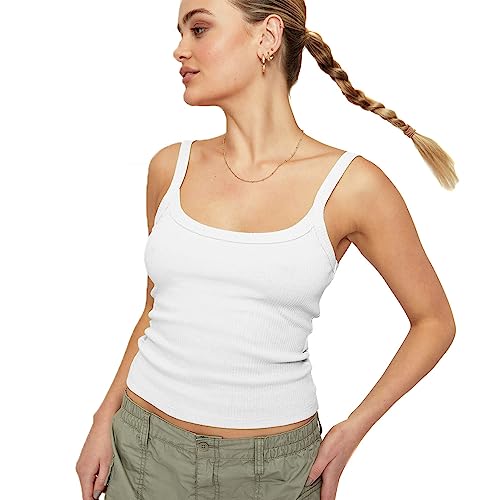 RPAEOY Womens Tank Tops Sleeveless Scoop Neck Form Fitting Camisole Summer Casual Vest Stretch Ribbed Crop Top Knit Basic Cami Shirts for Going Out Workout White S
