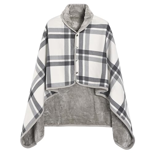 Xnova Fleeced Plaid Poncho Winter Shawl and Wraps for Women Thick Oversized Ladies Scarves with Buttons Warm Scarfs Soft Sherpa Flannel Multiway Cape(Gray,140 * 160CM)