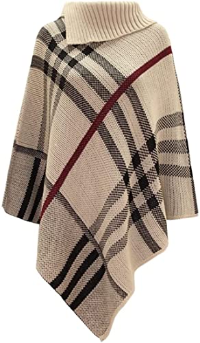 Crazy Girls Womens Check Printed Ladies Stretch Knitted Collared Cape Wrap Shawl Jumper Poncho Top (XXL-UK20/22, Stone)