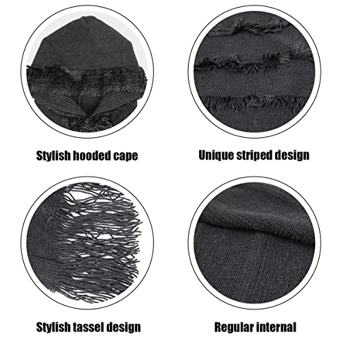 Rayson Womens Crochet Poncho with Fringe Soft Knitted Fluff Capes Solid Knitting Shawl Wrap Poncho Fringe Sweater Coats,Black