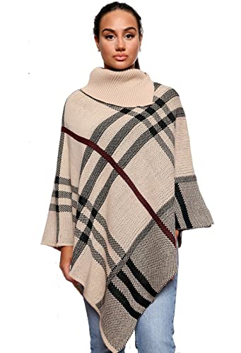 Crazy Girls Womens Check Printed Ladies Stretch Knitted Collared Cape Wrap Shawl Jumper Poncho Top (XXL-UK20/22, Stone)