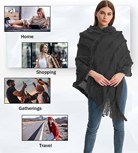 Rayson Womens Crochet Poncho with Fringe Soft Knitted Fluff Capes Solid Knitting Shawl Wrap Poncho Fringe Sweater Coats,Black