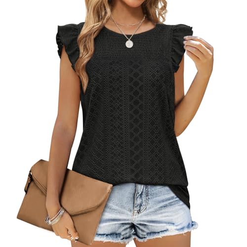Aokosor Womens Vests Tops Ladies Crew Neck Summer Sleeveless Tank Ruffle Sleeves Black Size 14-16