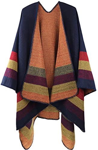 Shmily Girl - Womens Reversible Oversized Poncho Cape Blanket Shawl Cardigans (One Size, Stripe/Navy Blue)