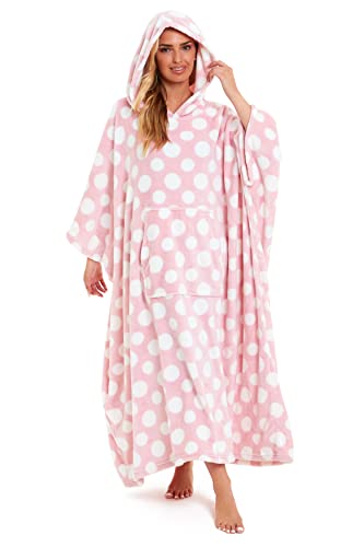 Daisy Dreamer Womens Hooded Poncho Designer Soft Fleece Lounge Wear Blanket Top One Size (Polka Dot Pink, One Size)