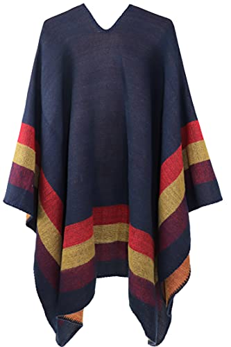Shmily Girl - Womens Reversible Oversized Poncho Cape Blanket Shawl Cardigans (One Size, Stripe/Navy Blue)