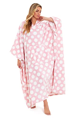 Daisy Dreamer Womens Hooded Poncho Designer Soft Fleece Lounge Wear Blanket Top One Size (Polka Dot Pink, One Size)