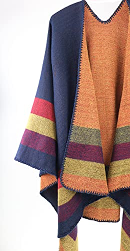 Shmily Girl - Womens Reversible Oversized Poncho Cape Blanket Shawl Cardigans (One Size, Stripe/Navy Blue)