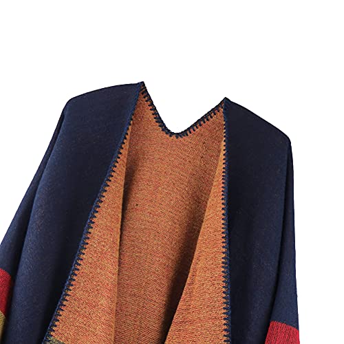 Shmily Girl - Womens Reversible Oversized Poncho Cape Blanket Shawl Cardigans (One Size, Stripe/Navy Blue)