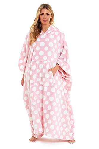 Daisy Dreamer Womens Hooded Poncho Designer Soft Fleece Lounge Wear Blanket Top One Size (Polka Dot Pink, One Size)